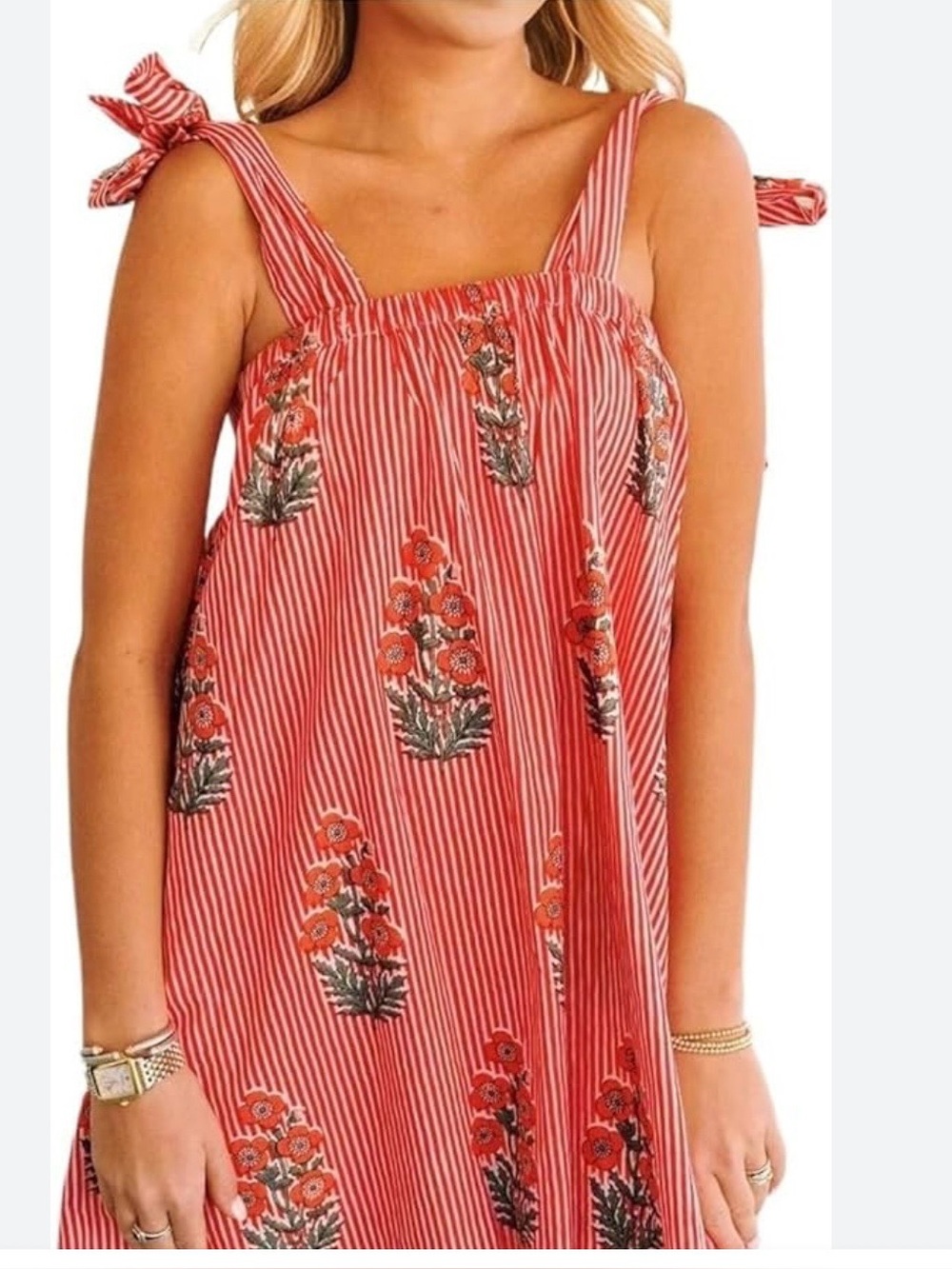 Women’s Stripe Floral Bow Strap Smocked Mini Dress Size Small NWT